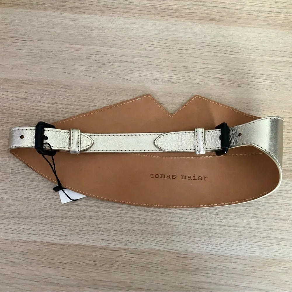 Vintage Tomas Maier Gold Metallic Italian Leather Lips Wide Designer Belt. 38